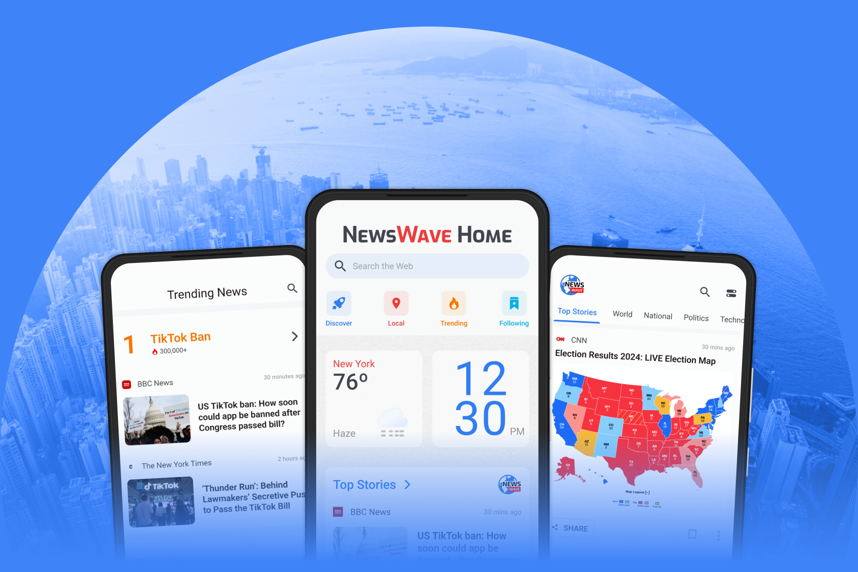 Two phones showing NewsWave Home's trending news and live election map over a city skyline